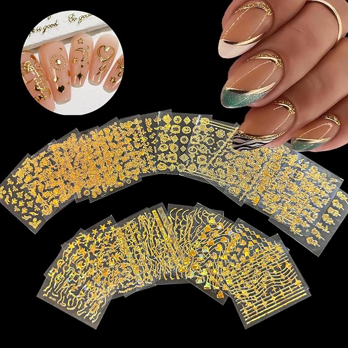 90 Sheets Nail Stickers for Nail Art, Flower Nail Art Stickers Gold Silver Line Star Floral Nail Decals for Nails Design, Aurora Nail Decor Nail Accessories for Women Girls
