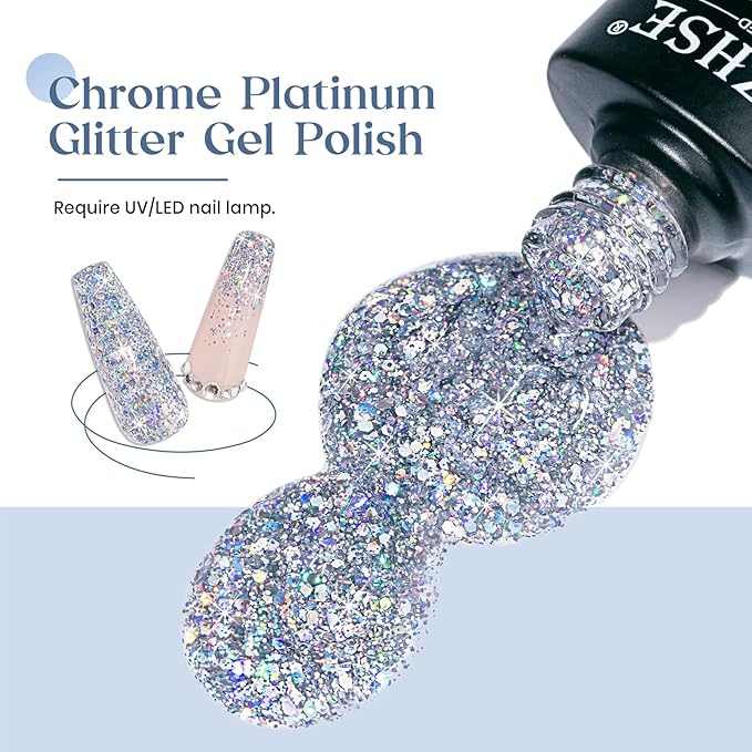 MIZHSE Silver Glitter Gel Polish, Sparkly Shiny Diamond Shimmer Soak off UV LED Gel Nail Polish for Nail Art Salon Home DIY Manicure 10ml