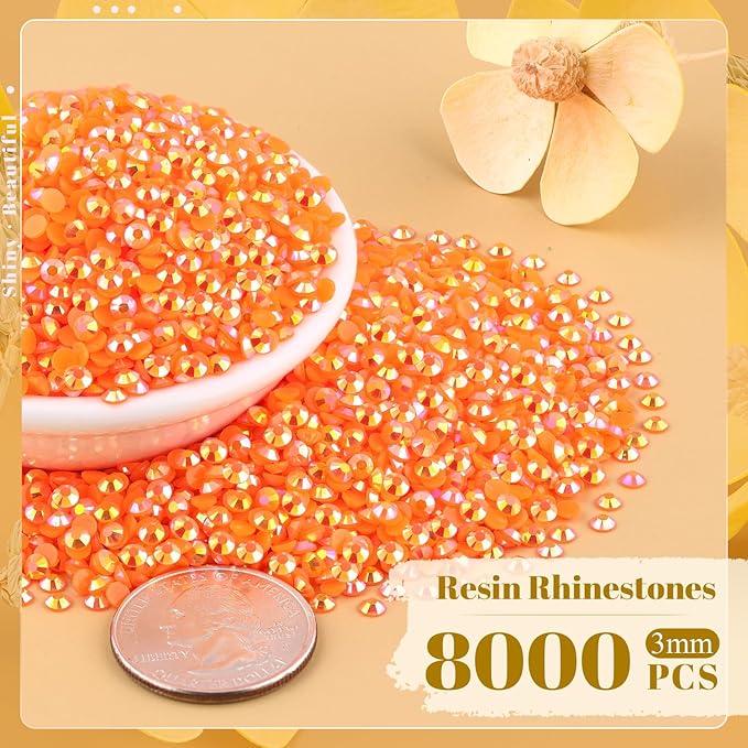 8000PCS 3mm Resin Jelly Rhinestones in Bulk (Orange AB), Bedazzling Flatback Crystals Rhinestones for Crafting DIY Nail Decoration, Gems Diomand Charms for Tumbler Shoes Clothing Fabric