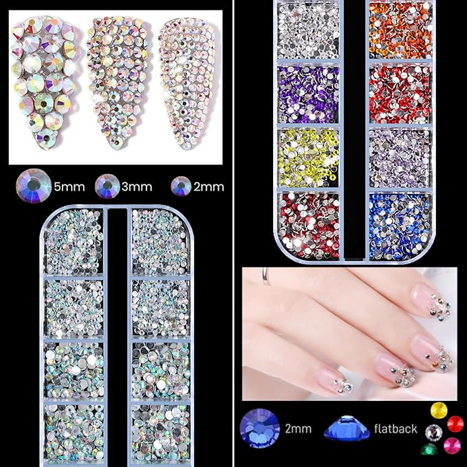 5 Boxes Shiny Colorful Nail Art Rhinestones Kit 3D Flatback Horse Eye Rhinestones Irregular Nail Stone and 4 Sheets Flower Nail Stickers with a Curved Tweezers and a Nail Brush (Multicolor)