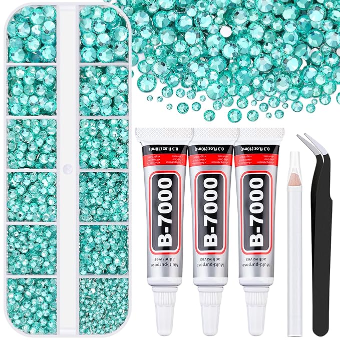 6000Pcs Resin Rhinestones for Bedazzling with 3Pcs B7000 Jewelry Glue, 1 Box Aquamarine Flatback Rhinestones for Crafting Crafts DIY, Crystals Gems for Clothing Shoes Tumblers Nail Art Makeup