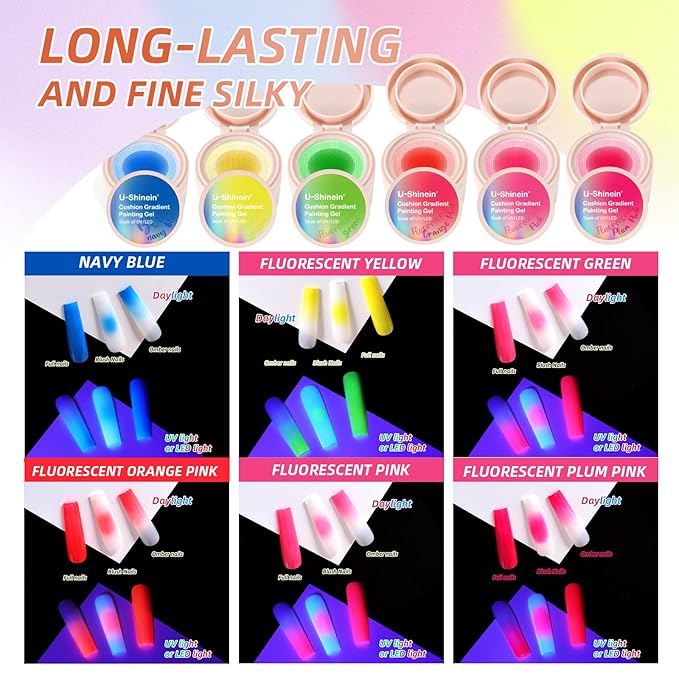 6 Color Cushion Neon Gradient Nail Gel Kit,Bright Fluorescent Pat Painting Ombre Gel Non-Wipe Multi-Functional Nail Polish Set, Nail Art DIY Salon Home for Starter Long Lasting Soak Off UV