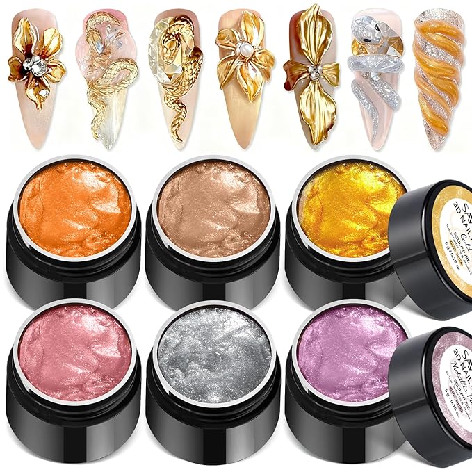 SAVILAND 3D Sculpture Gel Set: 6 Metallic 3D Nail Gel Sculpting Gel for Nail Art Molding & Extension, No-Wipe Non-Sticky Hand Carving Builder Nail Gels for DIY Manicure Home Salon Use