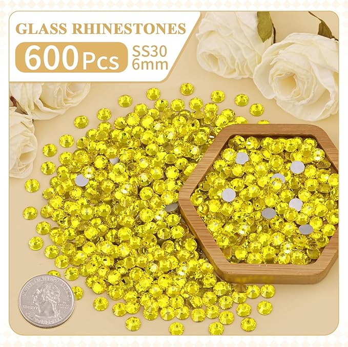 600PCS SS30/6mm Crystal Rhinestones (Lemon Yellow) with 2Pcs 10ml B7000 Jewelry Glue, Bedazzling Flatback Glass Rhinestones for Crafting Decor, Gems Diomand Charms for Tumbler Shoes Clothing Nail Art