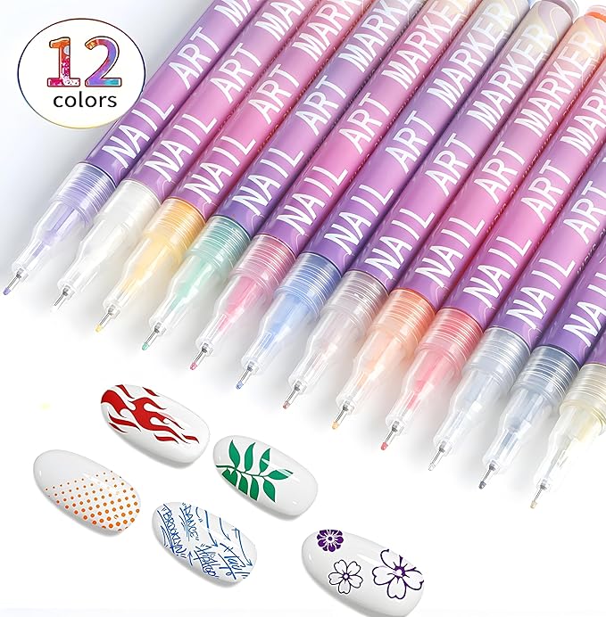 12 Colors Nail Art Pens, 0.5mm Fine Tip Nail Art Makers for DIY Nail Art, Detailing & Decoration, Intricate Line Drawing, Dotting & Nail Art, Salon Home Nail DIY Kit