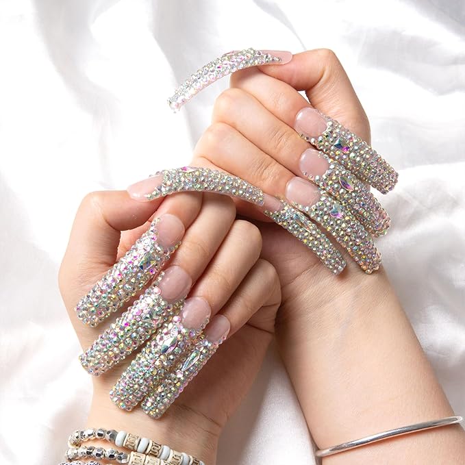 LOVFUL Press on Nails Angel's Tear Rhinestone | Handmade with Full Covered Crystals | Reusable Full Cover Nails | Curve Long 2.2 in | H48-M