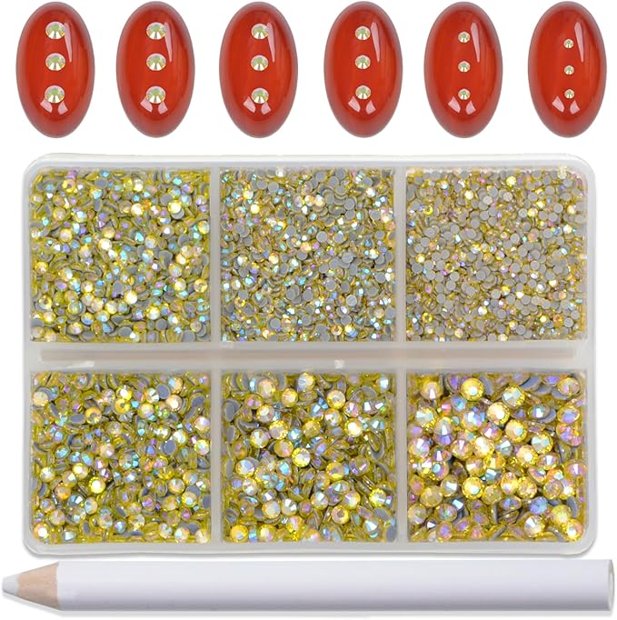 Bymitel Hotfix Crystal Rhinestones Round Gems for Crafts,Mixed 6 Sizes with Wax Pencil Kit, Citrine AB 1.3-3.2mm(SS3-SS12/8000pcs)