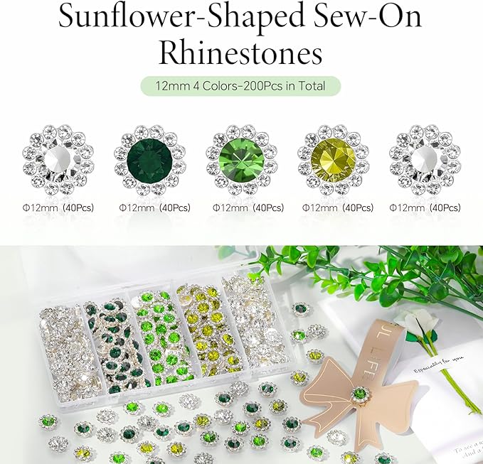 200 Pcs 12MM Sew on Rhinestones Mixed Colors Crystal Glass Metal Base Flower Shape, Flatback Rhinestones for Crafting, Sewing Accessories for Clothes and Shoes (Green)