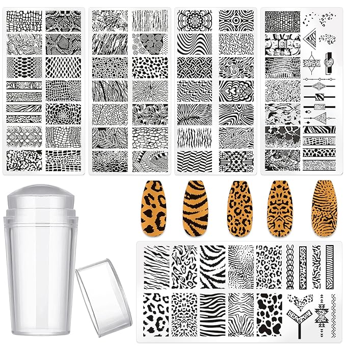 5pcs Nail Stamp with Nail Stamper and Scraper, Leopard Print Nail Stamping Plates Nail Art Stamp French Tip Stamp Tool Nail Stencils Template for DIY Nail Art Accessories