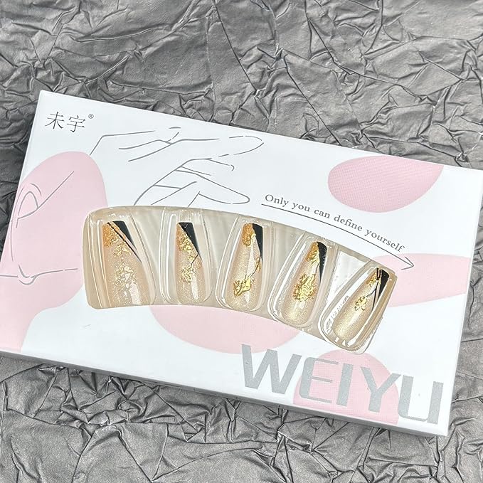 Press on Nails Medium Square Fake Nails Gold Rose Flowers Acrylic Nails Black French Tip False Nails Press ons with Design Cat Eye Glue on Artificial Nail for Women Manicure 24Pcs