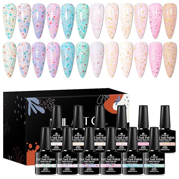 Yogurt Gel Nail Polish + Rubber Builder Gel Polish Glitter Rubber Base Gel Set Pale Pink Blue Purple Nail Polish for Women Girls 12 Colors