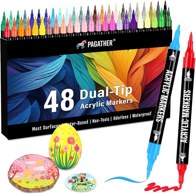 48 Colors Acrylic Paint Markers, Dual Tip with Fine Tip and Brush Tip Pens for Stone, Wood, Calligraphy, Canvas, Ceramic, Metal, Glass, Rock Painting, DIY Crafts