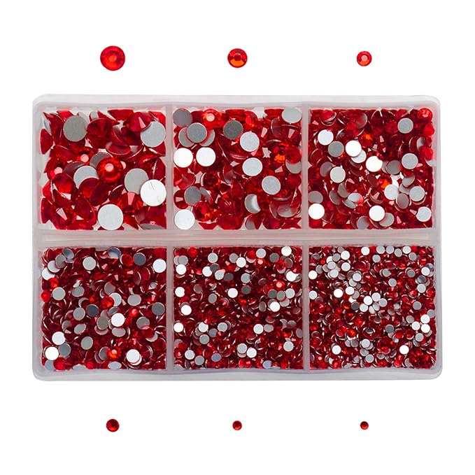 AD Beads 4300 Pieces Flat Back Nail Art Rhinestones Round Beads 6 Sizes (2-6.5mm) with Storage Organizer Box,Rhinestones Picking Pen for Nail Art Phone Decorations Crafts DIY (Red)