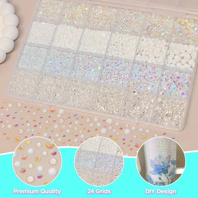 26000PCS White Resin Flatback Rhinestones for Crafting, Resin Rhinestones for Bedazzling Kit, 2/3/4/5/6mm Flatback Gems Jewels for DIY Mugs Tumblers Clothing Shoes Nail Art