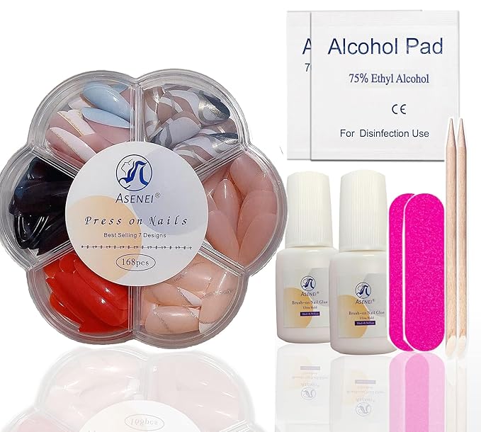 Pre-Designed Almond Press on Nails Kit for Finger by Asenei, 168 Pieces, 7 Designs, with 2 Bottles Nail Glue and Nail tools, All in 1 Press on False Nails (almond finger nail kit)