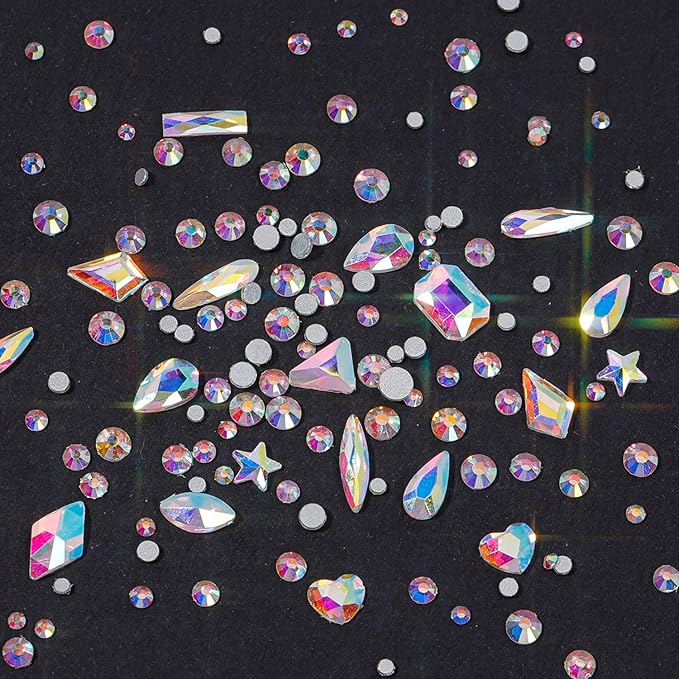 HNUIX Nail Rhinestones - 4550pcs Crystal AB, Multiple Shape Gems, Flatback Rhinestones, with Kit and Glue Gel, for Nail Art