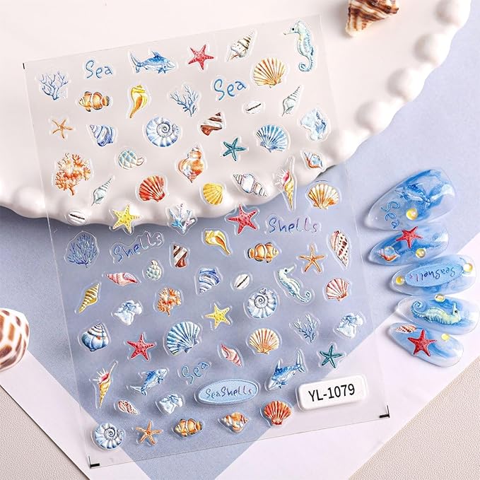 5 Sheets Summer Series Nail Stickers Embossed Nail Art Stickers Swimsuit Nail Decals with Swimming Ring Ice Cream Designs Cute Ocean DIY Self-Adhesive Nail Art Supplies