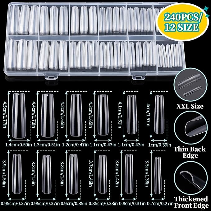 Teenitor Square Nail Tips with Nail Charms Nail Art Brushes, 240pcs XXL Fake Nails with Nail Stand for Extensions, Clear Acrylic Nail Tips Gel Nails Long Full Coverage