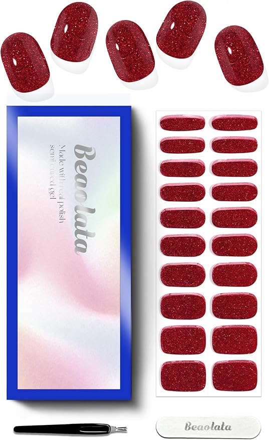 Semi Cured Gel Nail Strips - UV Light Gel Nail Stickers - 20 Long Lasting Salon Quality Wraps (Blazing Yuletide Delight Red)
