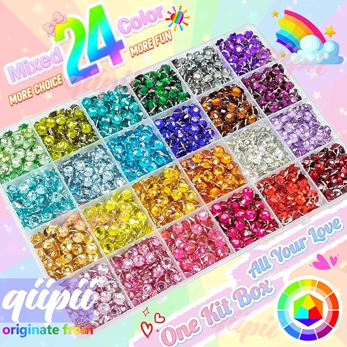 24 Color 6mm Crystal Resin Rhinestones for Bedazzling Crafting SS30 Flatback Stones Colorful Gems Diamonds Charms for Nails Eyes Face Makeup Tumblers Bottles DIY Crafts Clothes Shoes Phones