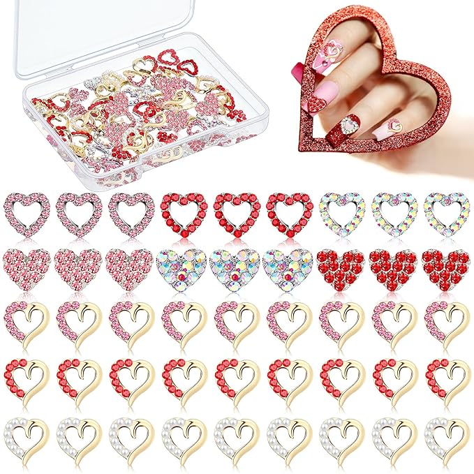 60 Pcs Valentine Heart Nail Charms for Nail Art Bulk 3D Bling Heart Rhinestone Decals Alloy Crystal Charms Diamonds Decor Love Gem Decals for Women Valentine's Day DIY Jewelry Accessories