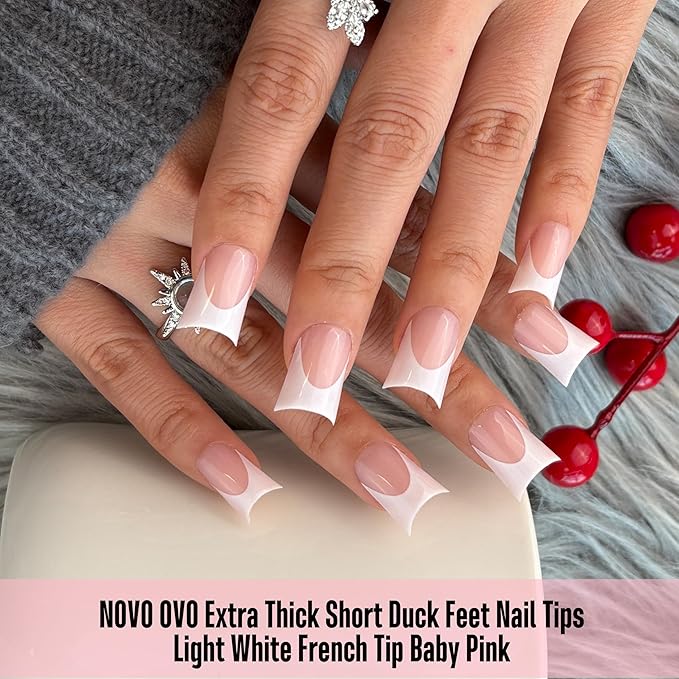 NOVO OVO Extra Thick Duck Nails Short with Moon Curve Light White French Tips BABY PINK Full Cover for Press on Acrylic, Flare Wide French Soft Gel Fake False Nail Extension x 15 Sizes 240 pcs