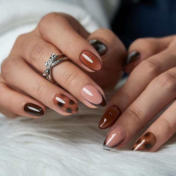 CurvLife Medium Almond Press On Nails, Soft Gel Salon Quality Fake Nails, Nude Pink Brown Tortoiseshell Design, Reusable Full Cover Press Ons for Women