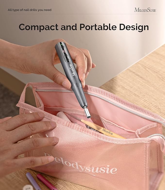 MelodySusie Pen-Shaped Portable Cordless Nail Drill, PC180E 25000RPM Rechargeable Electric File with LED Display for All Nail Care, Manicure Shaping & Acrylic Gel Removal for Nail Artists DIY at Home