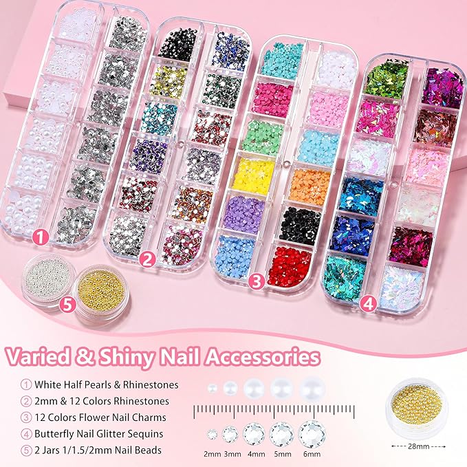 20 Nail Art Brushes Kit with Striping Tapes, Rhinestones, Pearls, Butterfly Sequins, Flower Charms & Stickers for Nails DIY Manicure Gifts (Pink)