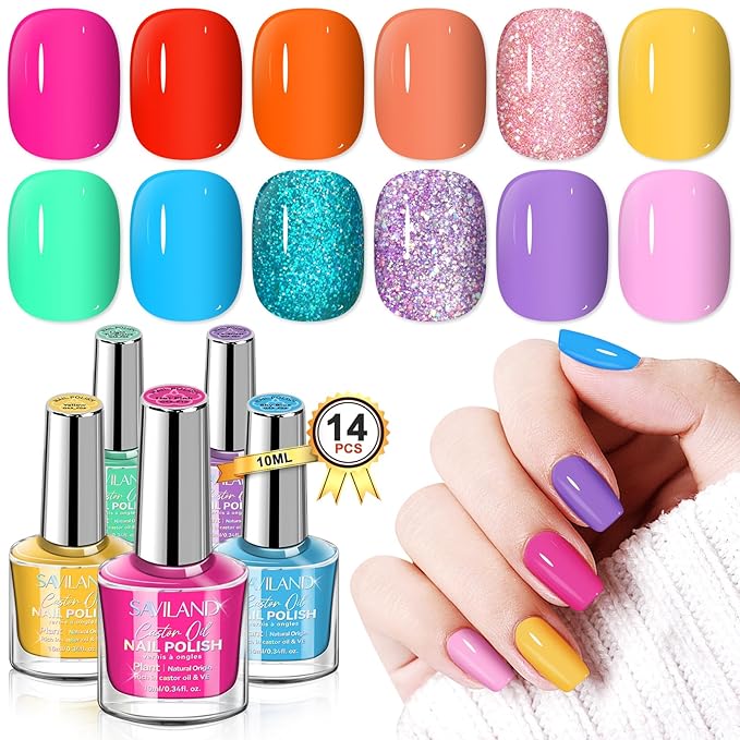 SAVILAND Quick Dry Nail Polish Set: 14 Pcs Neon Summer Nail Polish Fast Dry Hot Pink Red Glitter Nail Polish Regular Fingernail Polish Non Gel with Base-Top Polish for Manicure Nail Art