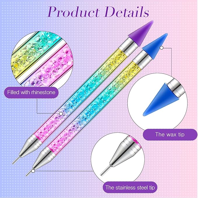 Tatuo 2 Pieces Rhinestone Picker Dotting Pen, Dual-ended Rhinestone Gems Crystals Studs Picker Wax Pencil Pen Crystal Beads Handle Manicure Nail Art DIY Decoration Tool (Colorful)