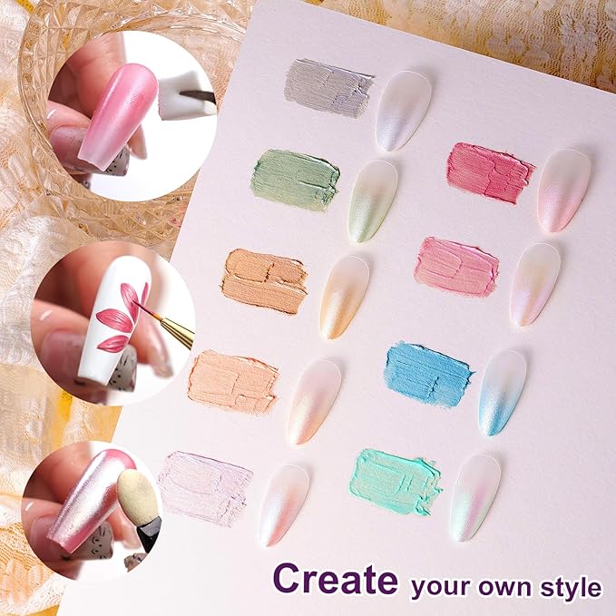 Gradient Painting Gel Set, 9 Colors Ombre Gel Nail Polish with 6 Aurora Multi-Purpose Brushes for Ombre Nails Aura Nails French Manicure Soak Off UV S Treasure of Pearl
