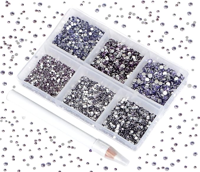 Bymitel 7200 Pieces 6 Mixed Sizes Glue Fix on Glass Rhinestones Round Crystal Gems Flatback for DIY Jewelry Making with one Picking Pen(6-Sizes 7200PCS, Tazanite)