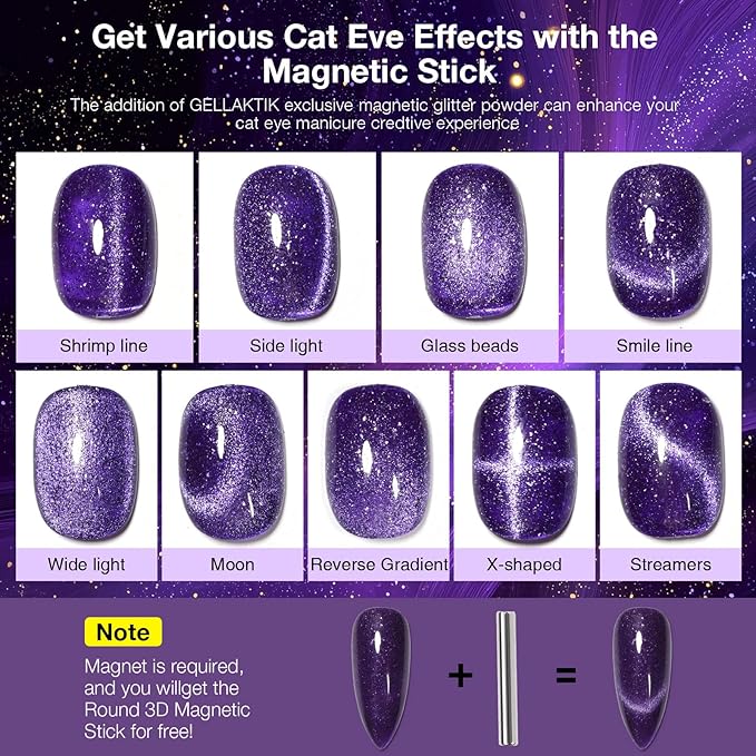 Purple Cat Eye Gel Nail Polish with Magnetic Stick - 12ML Glitter Magnetic Nail Polish for Multiple 3D Effects, Soak Off UV LED Gel Polish for DIY Manicure Salon Gifts for Women