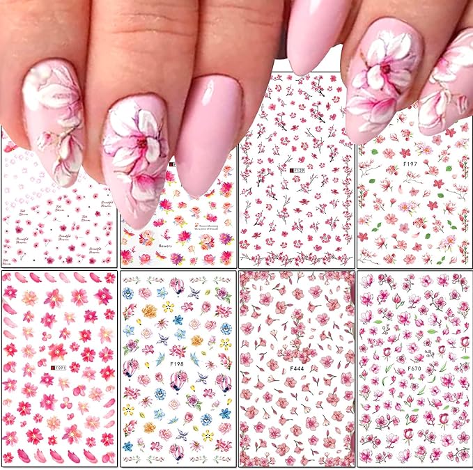Cherry Blossom Nail Stickers, 3D Pink Flowers Nail Self-Adhesive Sticker Designs, Spring Red Plum Peach Leaf Dry Floral Nail Decals Supplies for Women DIY Manicure Flower Nail Decorations