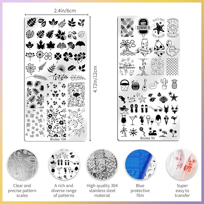 Biutee Nail Stamping Plate Set 12PCS Nail Art Stamp Plates 8PCS Stamping Nail Gel Polish, Nail Stamper and Scraper, Butterfly Leaves Bow Design Nail Stamping Kit with Storage Bag