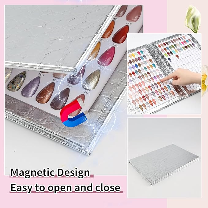 216 Nail Colors Book, Nail Display Chart Book with 240 Nail Tips & 1-300 Number Labels, Professional Nail Color Swatches Book for Nail Polish UV Gel Salon (Silver, Size 01)