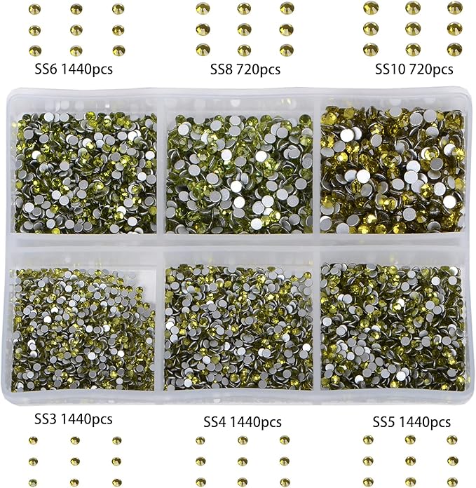 Bymitel 7200 Pieces 6 Mixed Sizes Glue Fix on Glass Rhinestones Round Crystal Gems Flatback for DIY Jewelry Making with one Picking Pen(6-Sizes 7200PCS, Olivine)