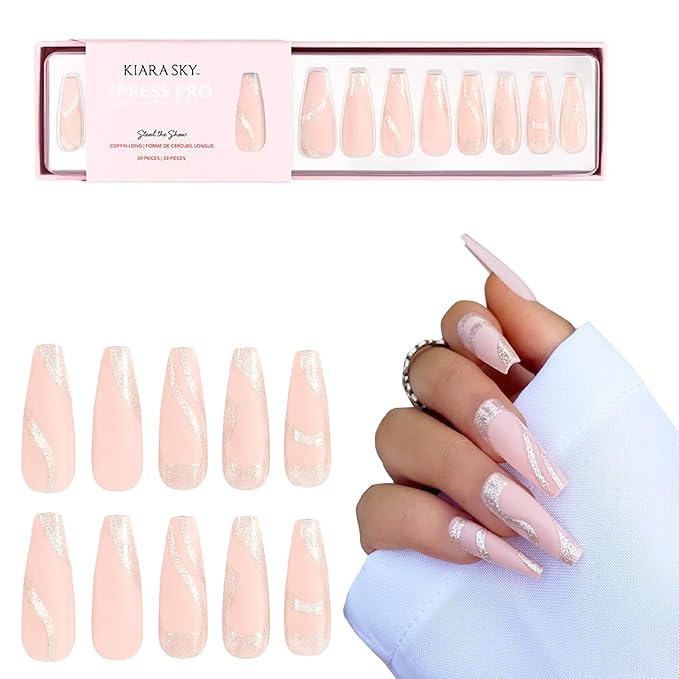 Kiara Sky Press On Nails | XPRESS PRO 100% Acrylic Nails | 30-Piece Kit Includes Nail Glue, Cuticle Pusher, File & Prep Pad | Coffin Long - Steal The Show