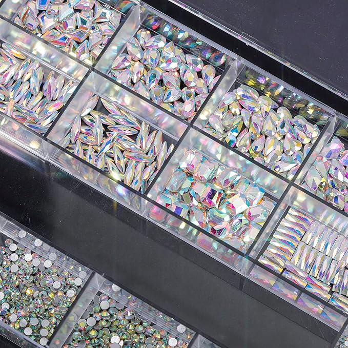 HNUIX Nail Rhinestones - 4550pcs Crystal AB, Multiple Shape Gems, Flatback Rhinestones, with Kit and Glue Gel, for Nail Art