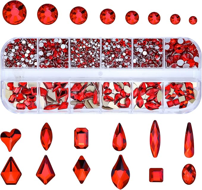 Dowarm 3200PCS Nail Art Rhinestones, Red/Siam Flatback Rhinestones for Nails, Crafts, 12 Styles 3D Glass Crystal Nail Gems