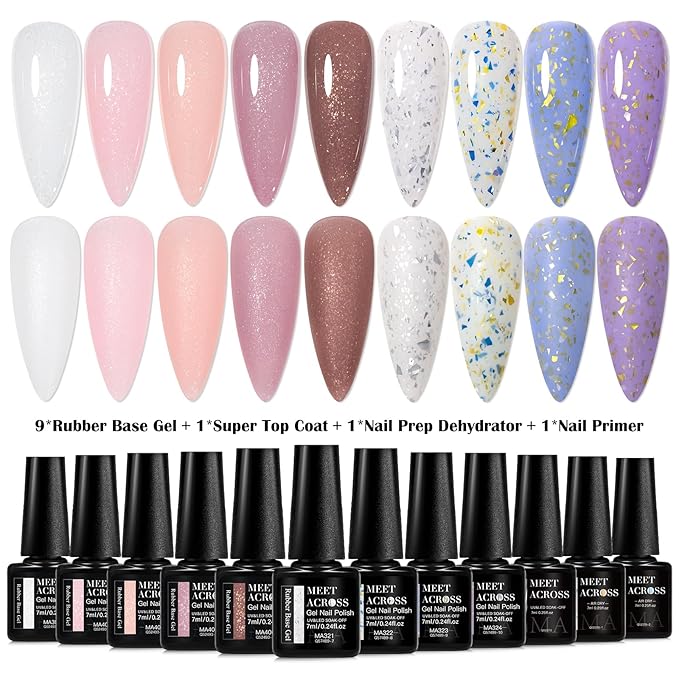 MEET ACROSS Rubber Base Gel For Nails, Shimmer Nude Gel Nail Polish Gold Foil Nail Strengthen/Enhance/Base Coat/Color Gel Polish with Super Top Coat, Prep Dehydrator and Nail Primer 12PCS