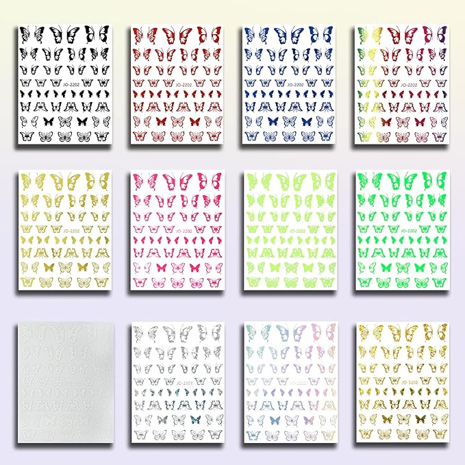12 Colors Butterfly Nail Art Stickers, 3D Butterfly Self-Adhesive Sticker Design, Laser Gold Silver Red Black White Pink Yellow Green Butterflies Nail Transfer Decals for Women Manicure Decorations