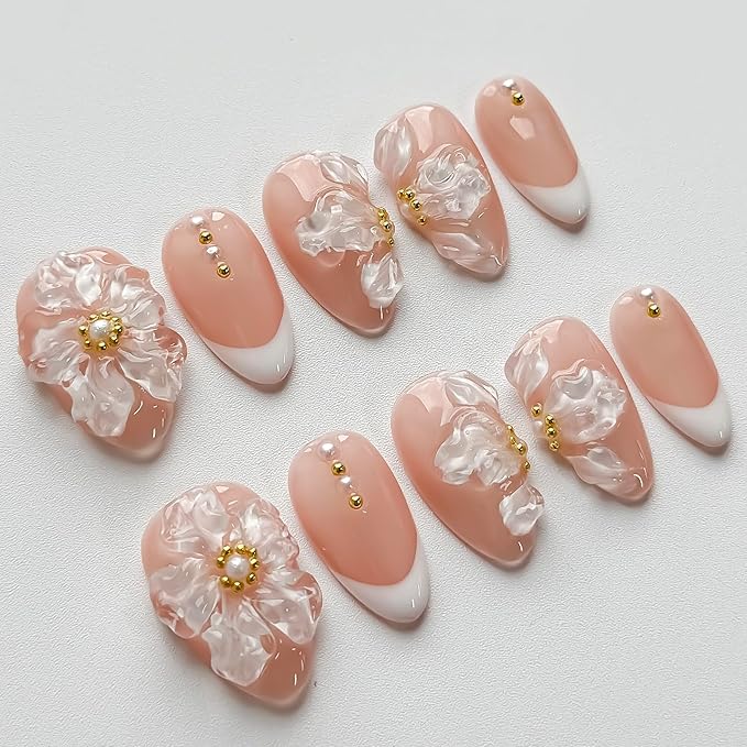 Luxury Press on Nails Short Almond Handmade 3D Unique Reusable ABS Material Fake Nails White French Tip Purple False Nails with Designs Ice Flower Pearls Glossy Glue on Nail Thick Acrylic Nail(S)