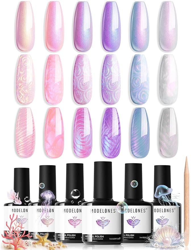 Modelones Gel Nail Polish, 6 Colors 2026 Spring Pastel Shimmer Pearl White Pink Purple Mermaid Nail Drawing Glitter Gel Polish with Dotting Pen Soak Off LED Swirl Shell Thread Effect DIY Nail Art Gift