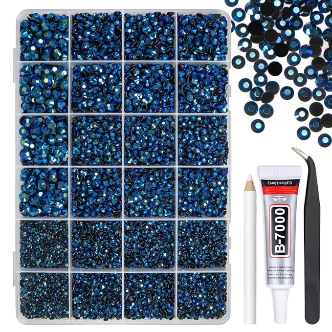 Ink Blue Resin Rhinestones w B7000 Glue for Bedazzling Crafting 2mm-6mm Montana Flatback Jelly Stones Navy Blue Diamonds Gems Bedazzler Kit for Nails Face Eyes Makeup Tumblers Bottles Crafts