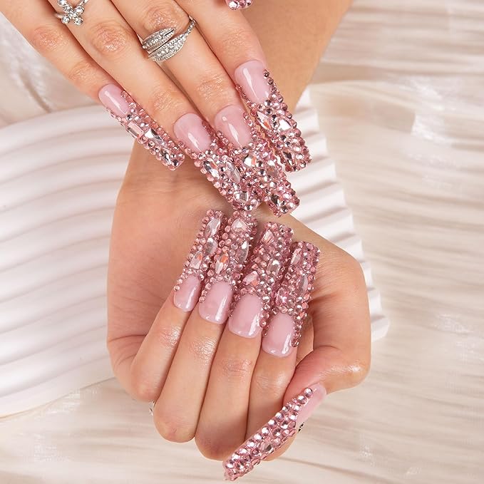 LOVFUL Press on Nails Pink French Tip Rhinestone| Handmade with Full Covered Crystals| Reusable Fake Nails| Square Mid length 1.7in| H27-L
