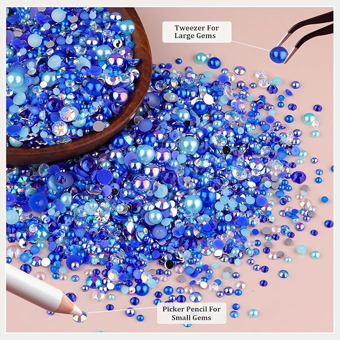 14000PCS Flatback Pearls and Blue Rhinestones for Bedazzling Kit, Dark Blue 3-10mm Resin Rhinestones and Half Pearls for Crafting, Nail Art Dec with 3pcs B7000 Jewelry Glue