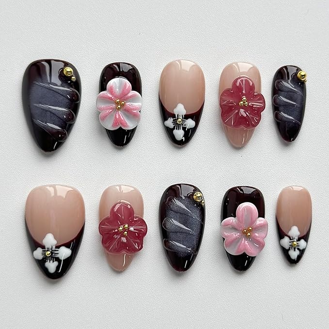 Luxury Press on Nails Short Almond Handmade 3D Unique Reusable ABS Material Fake Nails French Tip Purple False Nails with Designs Water Ripple Flower Glossy Glue on Nail Thick Acrylic Nail(M)
