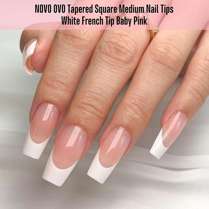 NOVO OVO White French Tip Medium Coffin Nail Tips Press on, BABY PINK, Extra Thick Soft Gel Fake Nail Acrylic Extension, Need Builder Gel Top Coat, No Glue Included, for Salon DIY 15 Sizes x 240 pcs